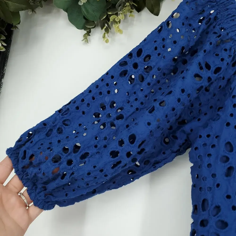 Lilly Pulitzer Kerrigan Elbow Sleeve Funflower Navy Eyelet Top Size XS